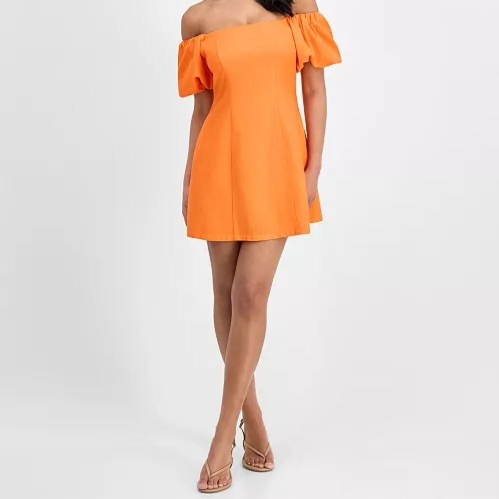 Orange Off Shoulder Balloon Sleeve A Line Dress Size S NWT Bar III
